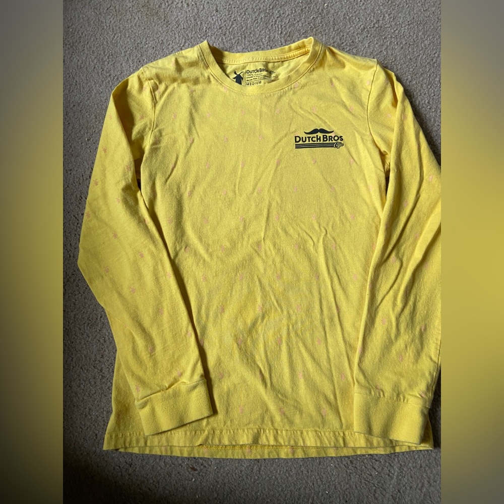 Dutch Bros yellow long sleeve w/pink windmills